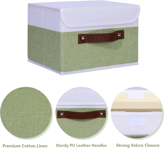 ANMINY 2PCS Storage Boxes with Lids Washable Decorative Storage Bins Basket with PU Leather Handle Foldable Linen Fabric Storage Cubes Containers for Home Closet Organizer - Green White, Medium