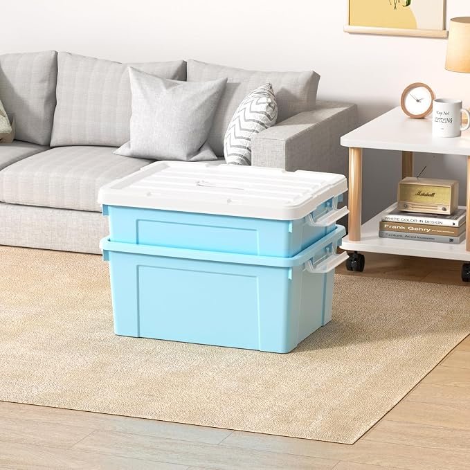 Cetomo Lidded Storage Bin with Handle, Tote Organizing Container with Durable Lid and Secure Latching Buckles, Stackable and Nestable, Plastic, 40 Quart-6 Pack, Blue