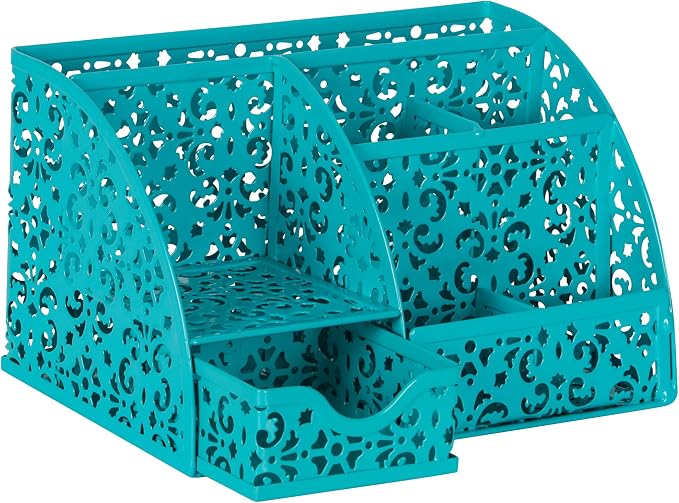 EasyPAG Desk Organizer and Pen Holder for Desk, Mesh Office Supplies Storage Caddy with Drawer for Small Space, Desktop Organizer for Home Office, Dark Teal
