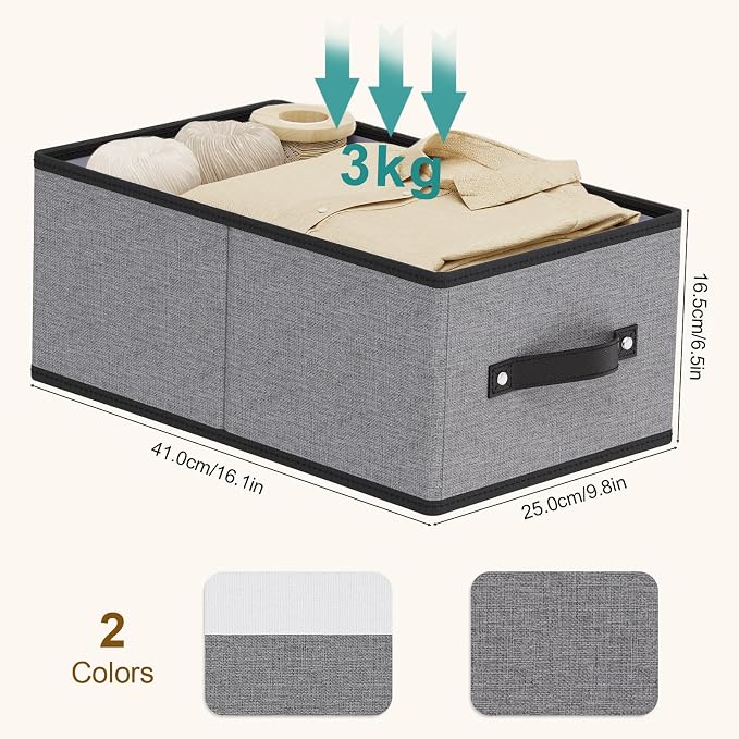 Storage Baskets with Handles,16.1×9.8×6.5In,Gray Boxes,4Pack | Storage Bins for Shelves,Foldable Clothing Drawer Organizer,Closet Containers for Home,Office,Large Fabric Cubes