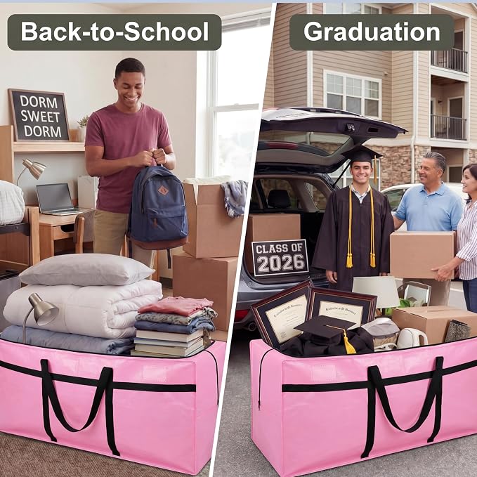 Windyun 4 Pack 57 Gallon Extra Large Moving Bags XXL Heavy Duty Storage Bag with Strong Zipper Handle Jumbo Big Tote Box Foldable for College Dorm Travel Clothes Duffle Blanket Pillow(Pink)