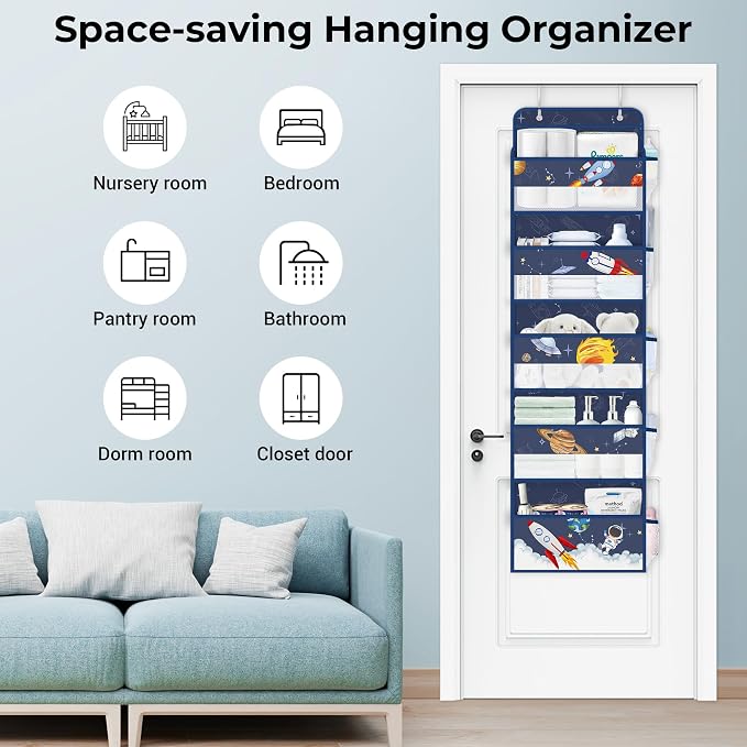 Clastyle Blue Space Over The Door Organizer Storage Planet Rocket 5 Shelves Closet Nursery Hanging Shelves Clothes Diaper Stuffed Animal Toy Storage for Newborn Baby Essential