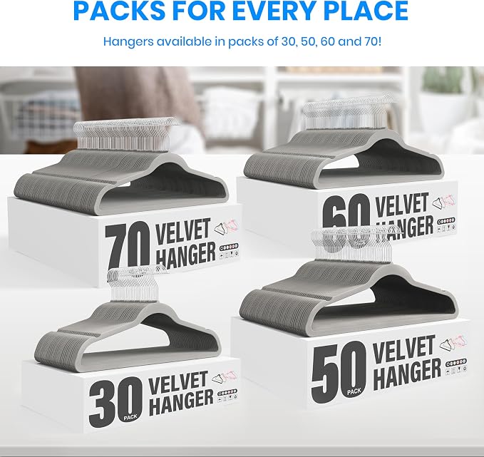 YSSOA Velvet Hangers 60 Pack, Non-Slip Clothes Hangers with Shoulder Notches, 360° Swivel Hooks, Heavy Duty Standard Hanger for Closet Space Saving, Grey