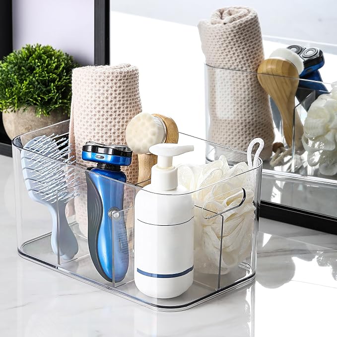 5-Compartment Clear Plastic Bin - Divided Art Supplies, Cosmetic Makeup Caddy Organizer - Multiuse Storage Container for Vanity, Bathroom, Kitchen, Office, Craft, Shower, Cleaning Items, (1 Pack)