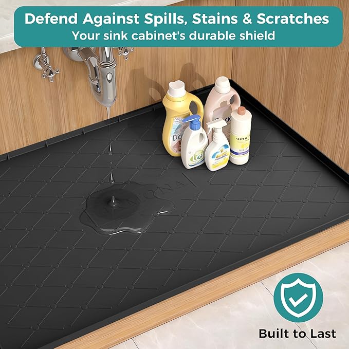 URMONA Under Sink Mat for Kitchen Waterproof, 31" x 22" Silicone Under Sink Mat for Shelf Liner Organizer, Cabinet Sink Protector Under Sink Liner for Bottom Kitchen, Bathroom(Light Grey)