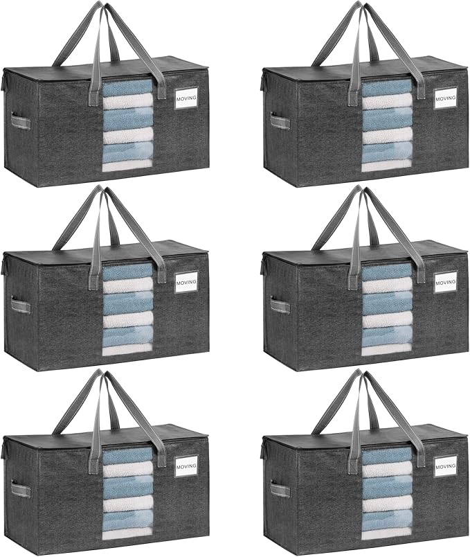 VENO 6 Pack Heavy Duty Moving Bags, Clothes and Comforter Storage Bags with Clear Window, College Dorm Essentials Packing Supplies, Foldable Boxes Alternative (Gray, 6 Pack)