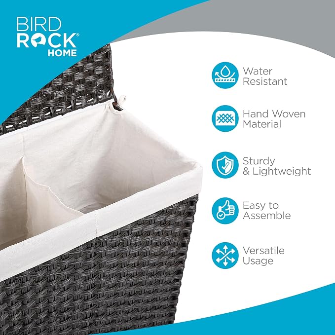 BIRDROCK HOME Divided Laundry Hamper with Lid - Brown - Double Sorter with Liner Bags - Large Collapsible Hampers - Foldable Bin - Synthetic PE Rattan - Hand Woven - Clothes Basket