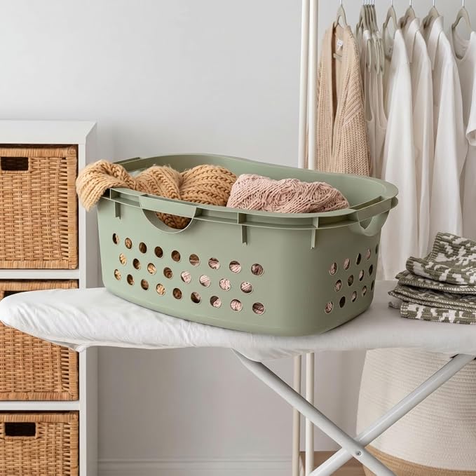 IRIS USA 51L Plastic Hip Hold Laundry Basket with Built-In Comfort Carry Handles 4-Pack, 1.5 Bushel, Clothes Hamper, Laundry Hamper, Ventilation Holes, for Closet Dorm Laundry Room Bedroom, Sage Green