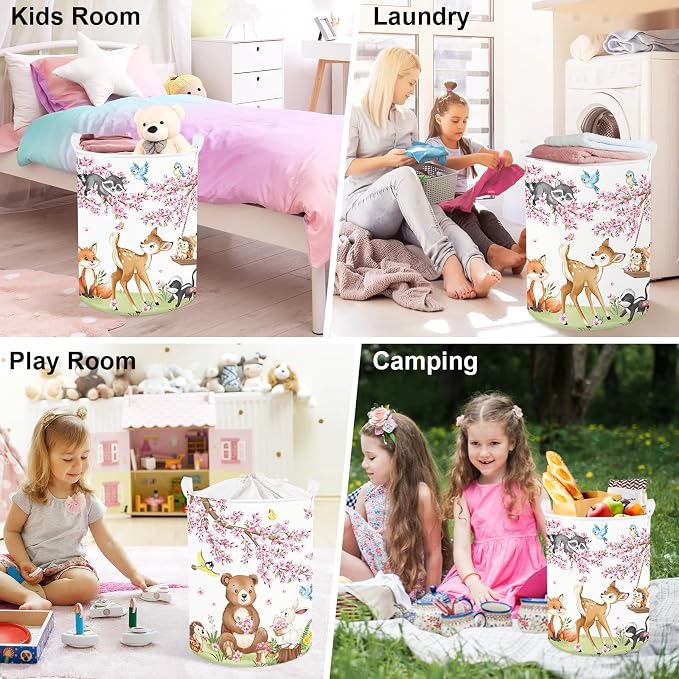 Clastyle Forest Animal Baby Storage Basket Leaf Kid Laundry Hamper Boy Girl Gift Toy Box Collapsible Clothes Organizer Nursery Bin for Bedroom, Cherry Deer, 36x45 cm