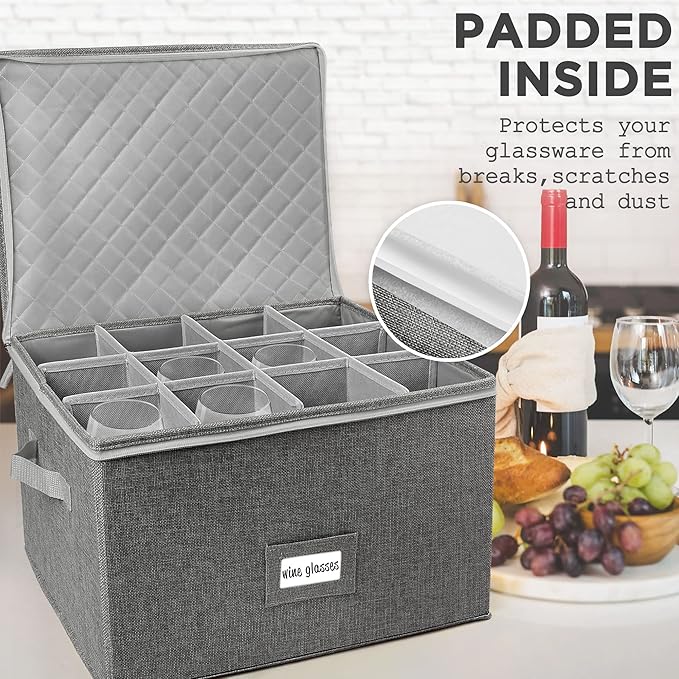 LotFancy Stemware Storage Container, Hard Shell, Stackable Wine Glass Storage Box with Dividers & Handles, Crystal Glassware, Champagne Flute, Drinkware Case for Moving, Grey