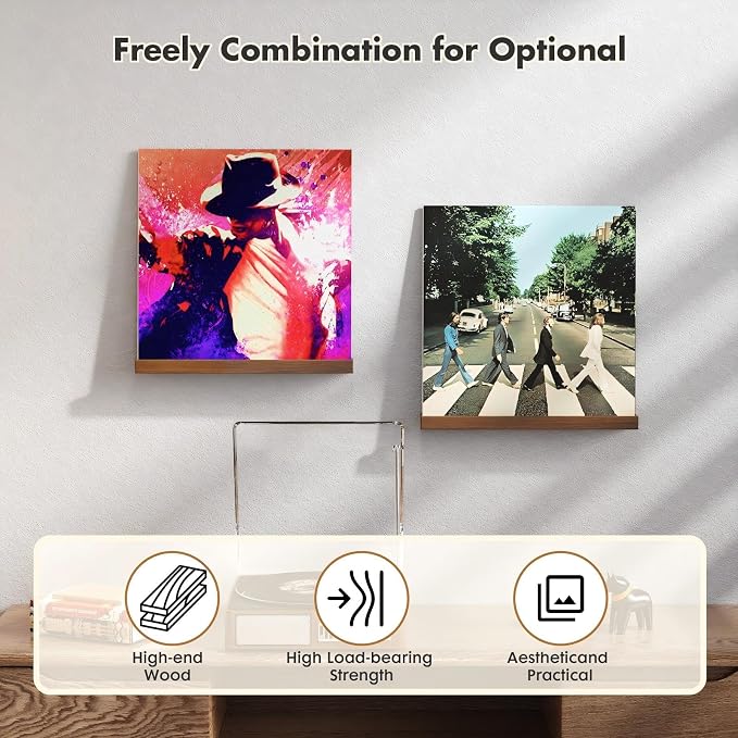 Emfogo Vinyl Record Shelf Wall Mount, 6 Pack Album Record Holder Wall, 12 inch Vinyl Record Storage Shelves Wall, Wood Record Display for Living Room (Walnut)