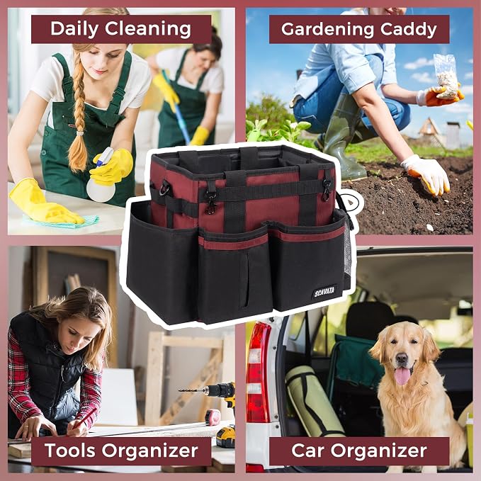SCAVATA Compact Wearable Cleaning Caddy, Small Cleaning Caddy Supplies Organizer with Handle & Shoulder Straps for Housekeepers, Under Sink & Car Cleaning Tool Organizers Bag (AncoraRed)
