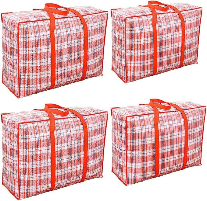 Heavy Duty Extra Large Moving Bags, 168L Oversize Organizer Storage Bags With Durable Zippers for Clothes Comforter Pillow, Waterproof Totes for Carrying Camping Bedding (Set of 4) - Red Checkered