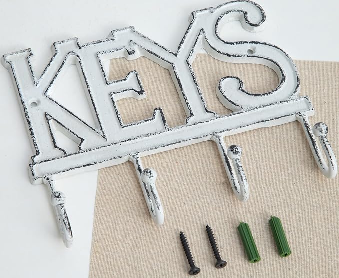 FairyCity Keys Holder for Wall Metal Vintage Keys Hook Organizer- Home Decor Key Hanger Rack Decorative with 4 Hooks,18 * 15cm White