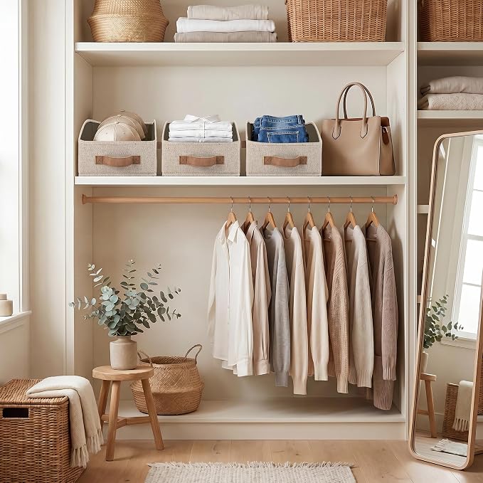 StorageWorks Closet Baskets for Organizing, Trapezoid Storage Bins, Linen Closet Organizers and Storage, Clothes Storage Baskets, Medium, Brown and Beige, 3-Pack