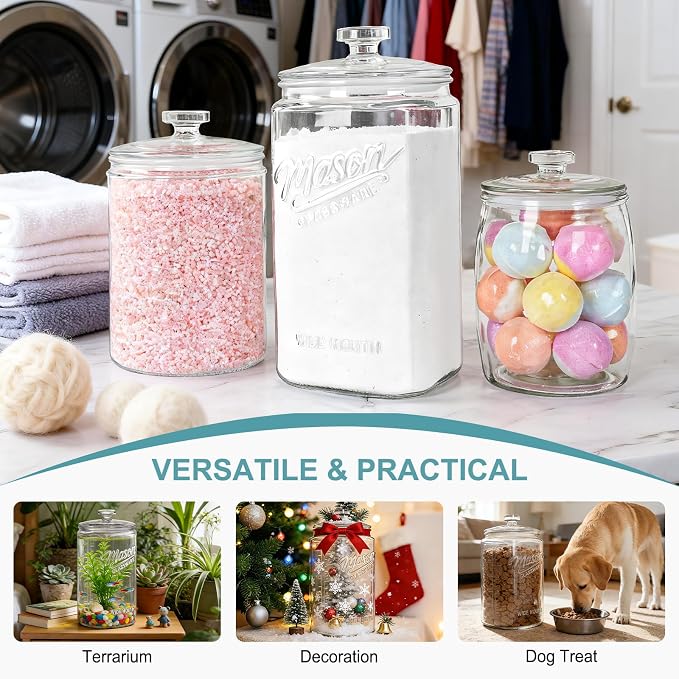 1 Gallon Glass Cookie Jar with Airtight Lid, Large Wide Mouth Mason Jar for Flour Sugar Container, Kitchen Canister for Candy, Coffee, Dog Treat Storage, Terrarium, Apothecary, Laundry Room, BPA Free