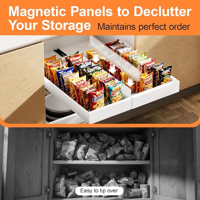 YJHome 2 Pack Pull Out Cabinet Organizer, No Drill Expandable Width 12"-20" & 21" Depth, Adhesive or Screw-In Installation, Magnetic Divider for Custom Storage, for Kitchen Pantry Bathroom Cabinet