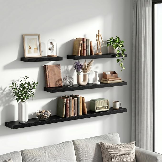 Vivelove 12 Inch Floating Shelves Wall Mounted for Display, 6.5 Deep Duty Shelves with Invisible Brackets for Living Room,Bedroom,Kitchen, Bathroom Storage & Decor,12" Wx6.5 Dx1.4 H - Black