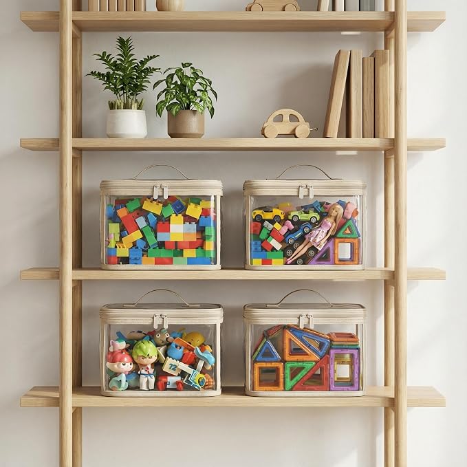 holay Clear Toy Storage Bags with Handle, 4 Pack Playroom Storage Organizer Bins for Kids Toys, Board Games, Busy Bags, and Homeschool Supplies - Transparent PVC with Reinforced Base, Brown, Small