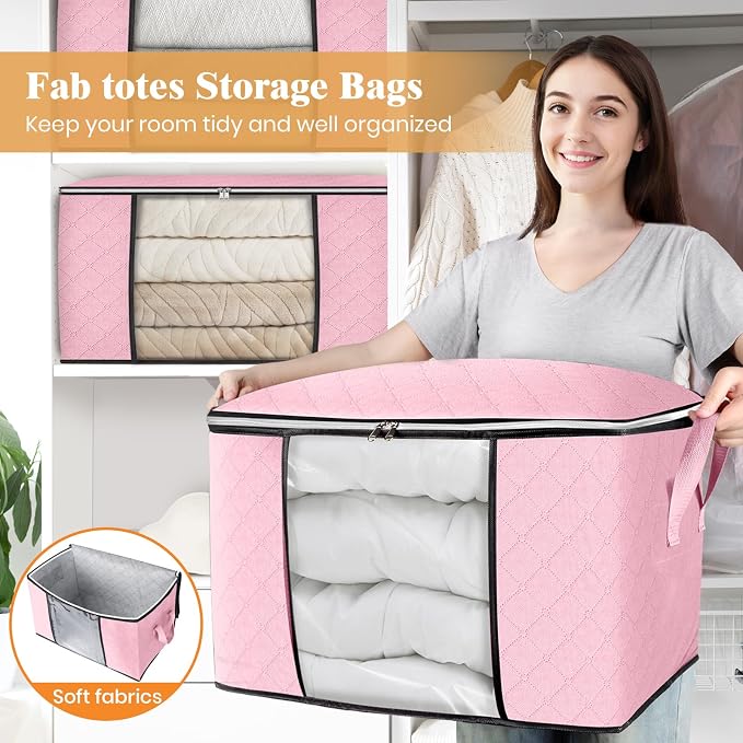 Fab totes 24 Gallons Clothes Storage, Foldable Thick Fabric Blanket Storage Bags, Containers for Organizing Bedroom, Closet, Clothing, Comforter, Organization with Handle (4 Pack,Pink)