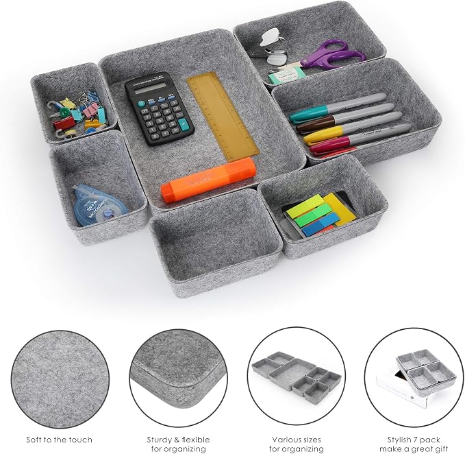 Welaxy Office drawer organizers trays felt storage bin organize dividers Box Dorm Home for stationery craft junk sorting 7-piece sleek minimalist lifestyle (gray)