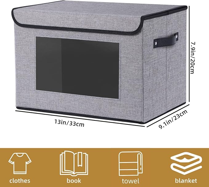 Gray Storage Basket with Lid,Closet Bin,13x9.1x7.9In,1Pack | Fabric Storage Bin with Handles,Portable Decorative Box for Clothes,Hat, Books,Shelf Baskets,Closet Organizers for Bedroom