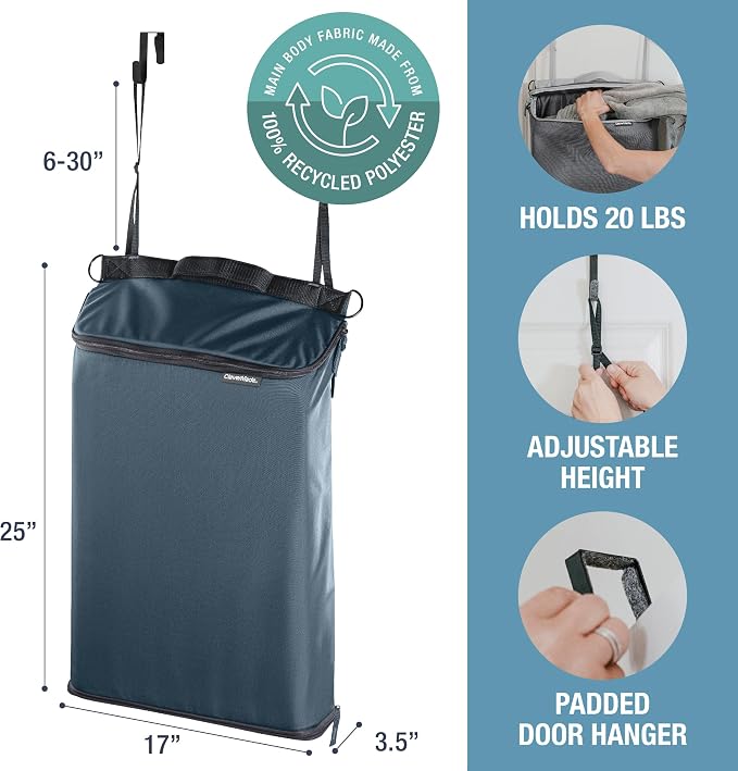 CleverMade Convertible Hanging Laundry Hamper, 21.5L, Over-the-Door, Ocean | Bottom zipper, removable carry strap and door hooks simplify unloading and hauling in dorms, bedrooms, bathrooms and RVs