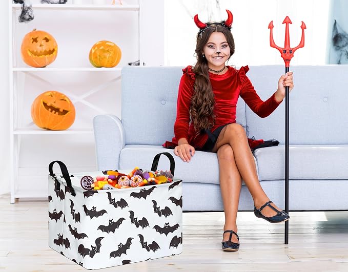 Halloween Bat Storage Basket with Handles Open Gifts&Candy Spooky Basket stuffers for Kids Baby Collapsible Women Organizer Bins Toys Boxes for Shelves Home Office