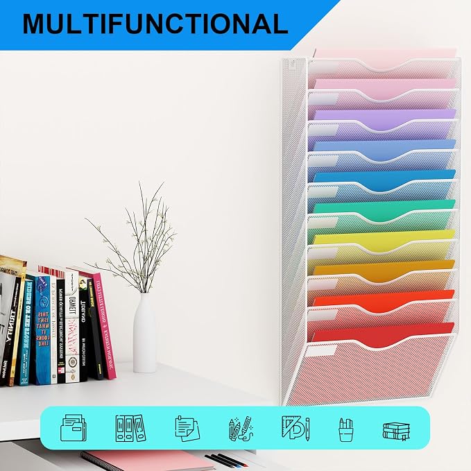 10 Pockets Hanging Wall File Organizer Mail Holder, Wall Mounted Paper Document Folder Holder, Clipboard Storage Organization Magazine Rack, White