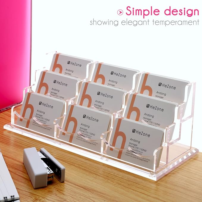 HeZone Business Card Holder for Desk, Multiple Cards Display Stand Rack for Women and Men, Clear Acrylic Card Organizer 9 Slot 3 Tiers