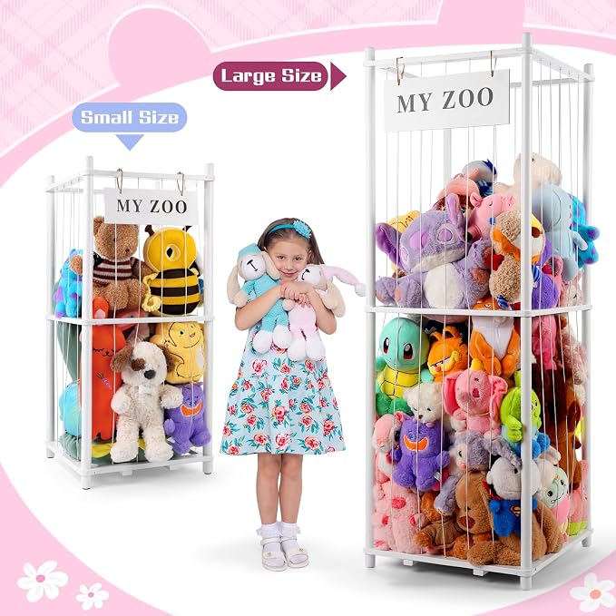 GLDZI Stuffed Animal Storage Zoo, Wooden Stuffed Animal Organizer with Elastic Cords for Boys Girls, Space Saving Toy Plushies Storage Holder for Playroom, Bedroom, Living Room (White, Large)
