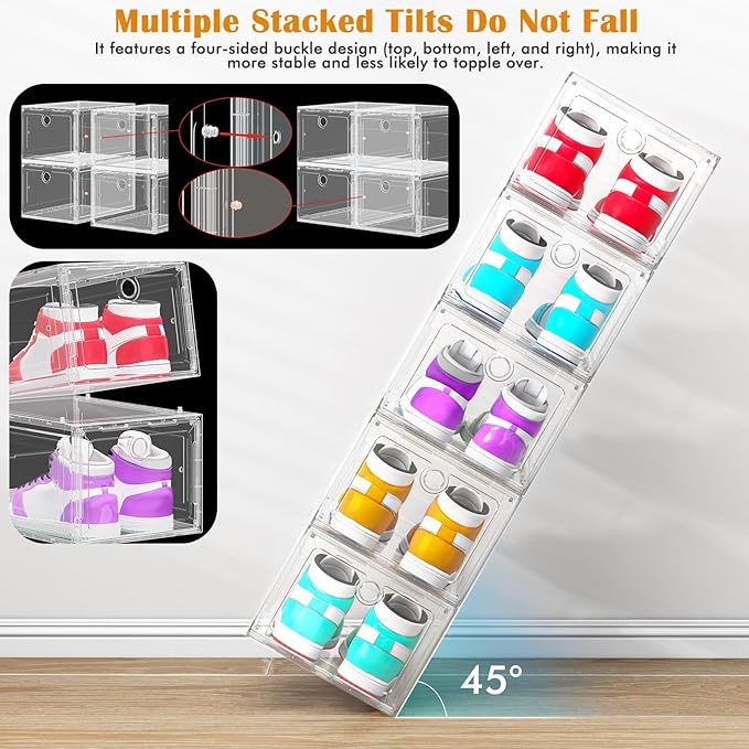ARSTPEOE 6 Pack Upgrade Harder Shoe Organizer, Shoe Storage with Magnetic Front Door, Clear Shoe Boxes Foldable Space-Saving Shoe Rack for Sneaker Boot Container, White