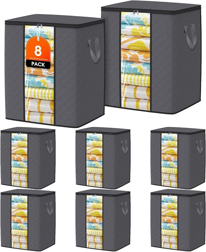 SpaceTrove Clothes Storage Bags, 8-Pack Comforter Blanket Organizers, 80L Large Capacity Containers with Visual Window for Clothing, Quilt, Sheet, Pillow, Closet Organization for Bedding (Grey)
