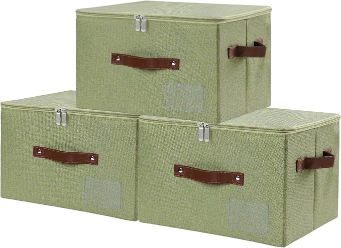 ANMINY 3PCS Storage Bins with Zipper Lid Storage Boxes with Label Holder PU Leather Handles Washable Foldable Decorative Lidded Cotton Linen Fabric Cubes Baskets Closet Organizer - Green, Medium