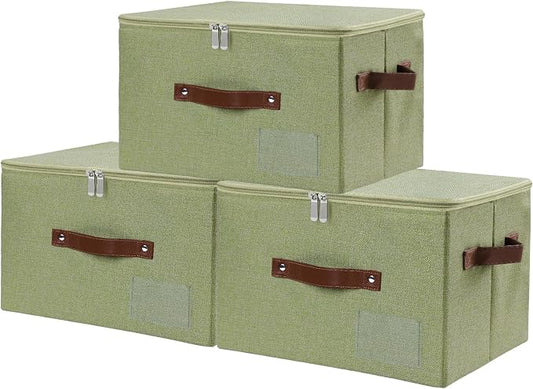 ANMINY 3PCS Storage Bins with Zipper Lid Storage Boxes with Label Holder PU Leather Handles Washable Foldable Decorative Lidded Cotton Linen Fabric Cubes Baskets Closet Organizer - Green, Medium