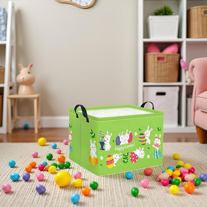 Rectangular Easter Basket Easter Gift Basket for Kids Baby Storage Basket Cute Toy Storage Bin Organizer Shelf Book Basket Easter Room Decor(Green Easter Basket)