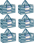VENO 6 Pack Heavy Duty Moving Bags, Clothes and Comforter Storage Bags with Clear Window, College Dorm Essentials Packing Supplies, Foldable Boxes Alternative (Classic Navy Stripe, 6 Pack)