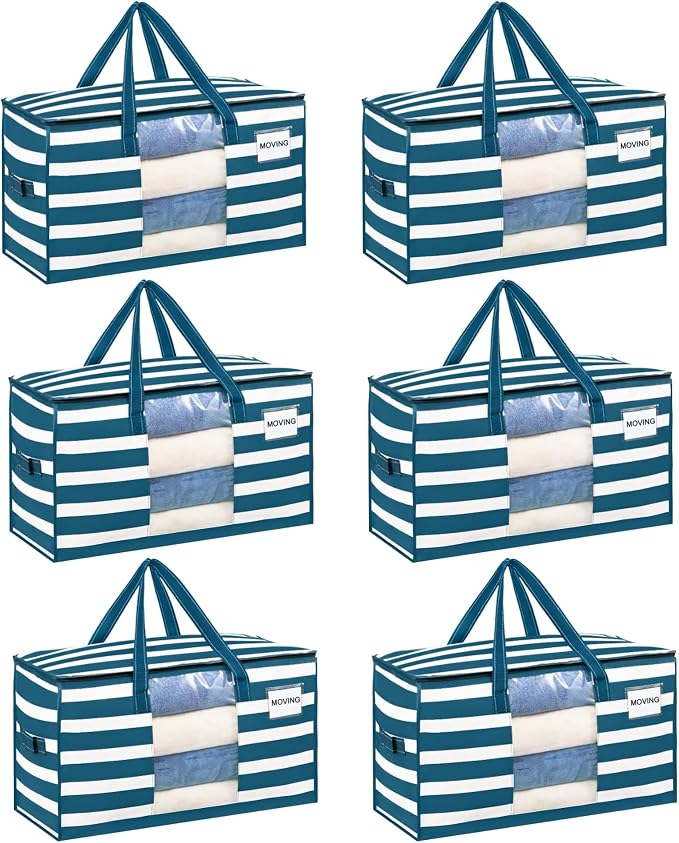 VENO 6 Pack Heavy Duty Moving Bags, Clothes and Comforter Storage Bags with Clear Window, College Dorm Essentials Packing Supplies, Foldable Boxes Alternative (Classic Navy Stripe, 6 Pack)