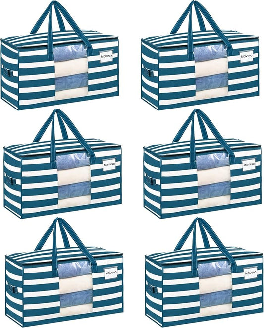 VENO 6 Pack Heavy Duty Moving Bags, Clothes and Comforter Storage Bags with Clear Window, College Dorm Essentials Packing Supplies, Foldable Boxes Alternative (Classic Navy Stripe, 6 Pack)