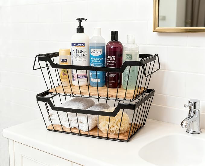 ShabbyDecor Metal Wire Basket with Handles Storage Organizer Stackable Organizing bins for Cabinet Shelf Countertop Under Sink Pantry for Kitchen,Bathroom,Laundry Closet,Set of 2pcs