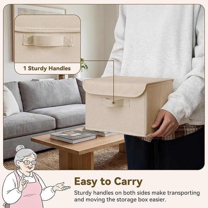 GRANNY SAYS Small Storage Bins with Lids, Small Storage Boxes, Shelf Baskets for Shelf, Collapsible Storage Bins for Living Room, Bedroom, 10x8x7 Inch, Khaki, 2-Pack
