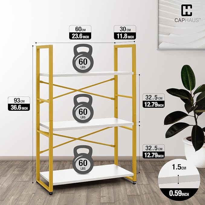 CAPHAUS 3 Tier Small Bookshelf, 24 Inch Width Free Standing Shelf, Bookcase Shelf Storage Organizer, Industrial Book Shelves for Home Office, Living Room, White Wooden Shelves & Gold Frame