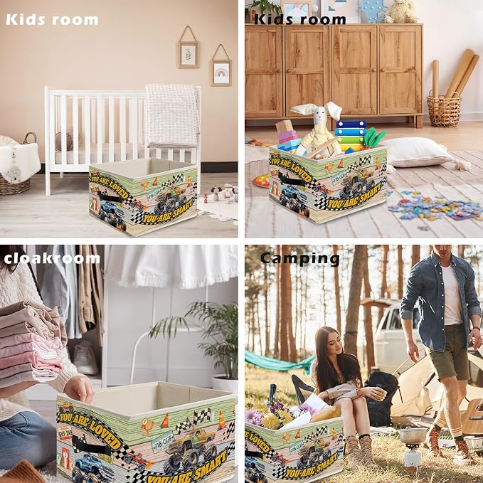 Big Wheel Truck Storage Bin Box with Handles, Kids Boys Inspirational Race Car Foldable Organizer Basket Toybox for Toddler Boys Kids Nursery Bedroom Playroom Clothes Toys Books