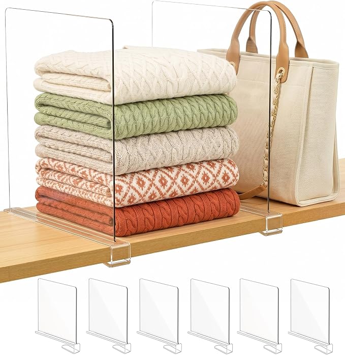 SortNStore Shelf Dividers Purse Organizer for Closet: 11-inch Tall(Extra Tall) Acrylic Sweater Organizer - Upgraded Extra Height for Large Handbags, Totes, Clothes, Towels on Wood Shelves 6-Pack