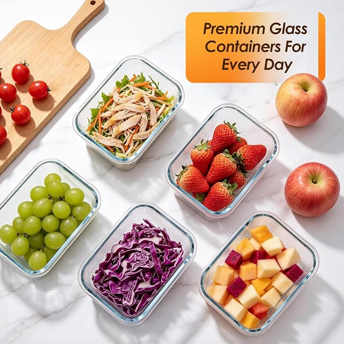 5 Pack 36oz Glass Storage Containers with Lids, Glass Meal Prep Food Container Sets with Snap Airtight Lid for Microwave, Oven, Freezer and Dishwasher, Grey