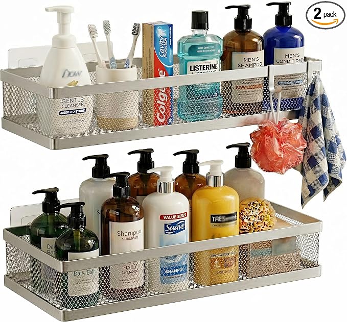 PUSDON Mesh Shower Caddy Wall Mount, Heavy Duty Adhesive Bathroom Shelf Organizer, Rustproof Floating Spice Rack for Kitchen Pantry, Holds 50 LBS, Multi-Purpose Storage Silver Gray -2 Packs (Netting)