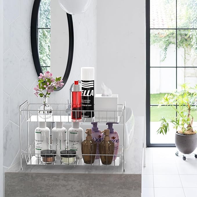 Simple Houseware 2-Tier Spice Rack Kitchen Organizer Countertop Shelf, Chrome | for Kitchen, Pantry Storage Shelf