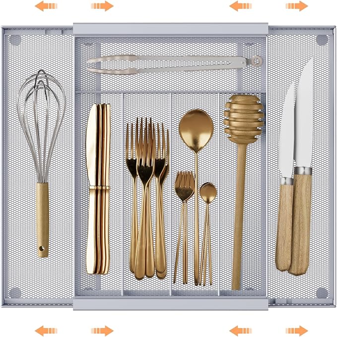 Sedegn Silverware Organizer Metal Mesh, Drawer Organizer, Utensil Cutlery Tray Expandable Flatware Organizer with 7 Compartment Silver 9.6"~16.1" x 13.8"