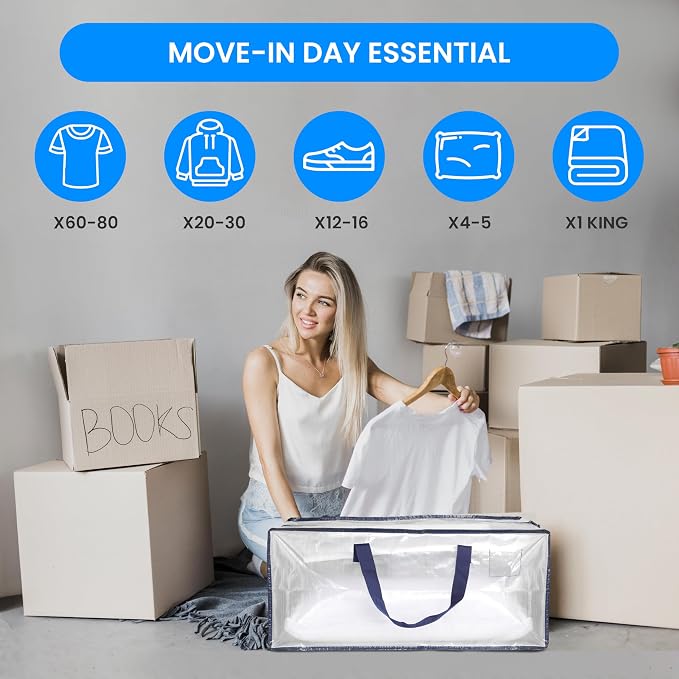 Simple Deluxe 6 Pack Extra Large Moving Bags with Backpack Straps, Strong Handles/Zippers, Heavy Duty Storage Tote for Moving Travel Camping Space Saving, White