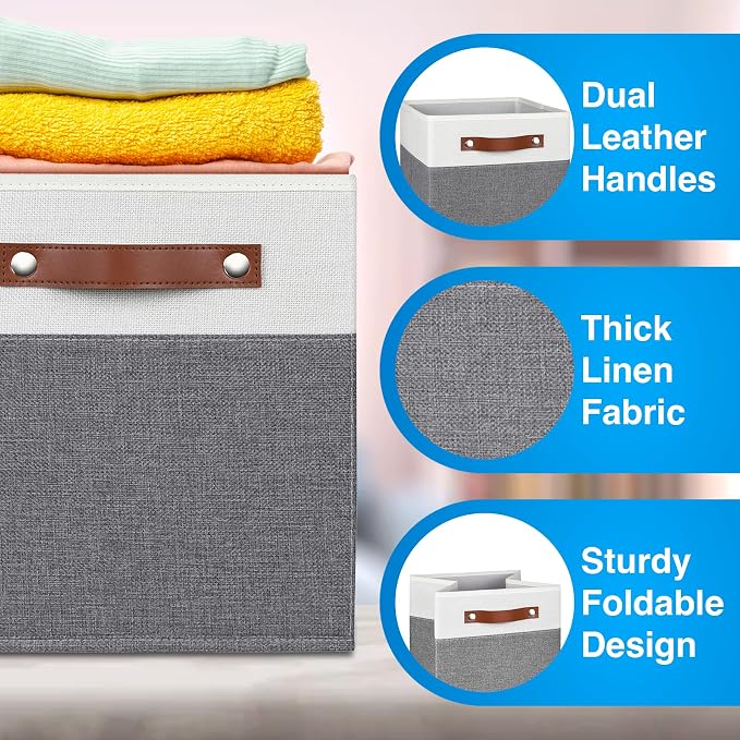 11 Inch Cube Storage Bin - 6 Pack - Linen Fabric 11x11 Cube Storage Bins for Bedroom, Living Room, Clothes and Toys; Foldable, Dual Leather Handles